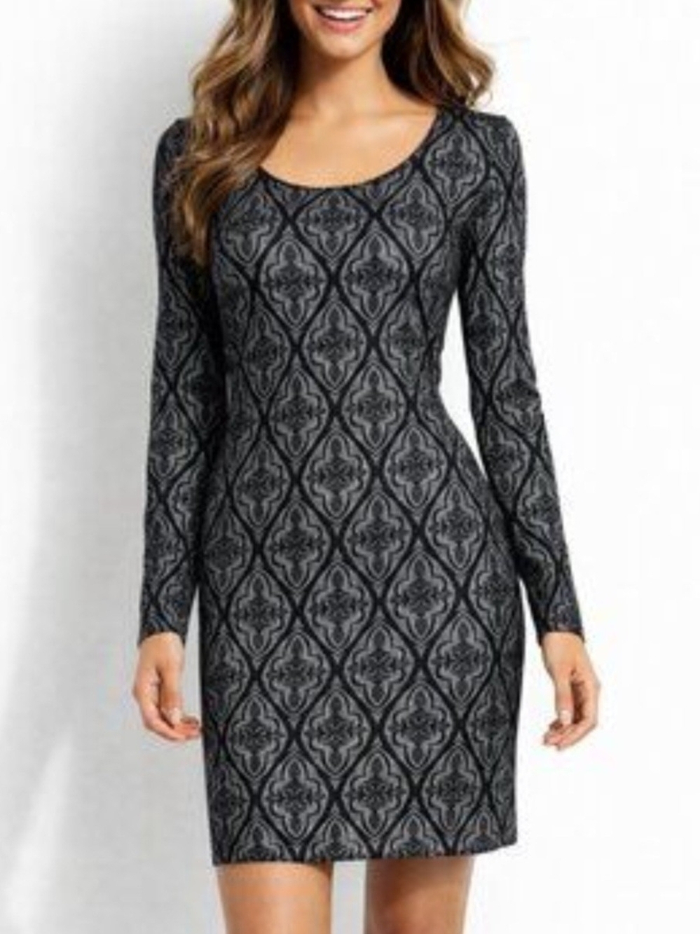 INC International Concepts Black and Gray Patterned Long-Sleeve Bodycon Dress